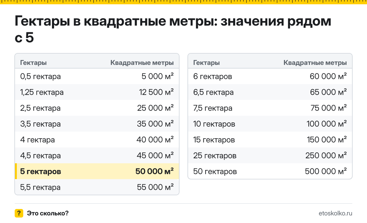 Сколько квадратных метров в 5 гектарах? Точный ответ с формулой расчёта, таблица соседних значений и онлайн-конвертер гектаров в квадратные метры.