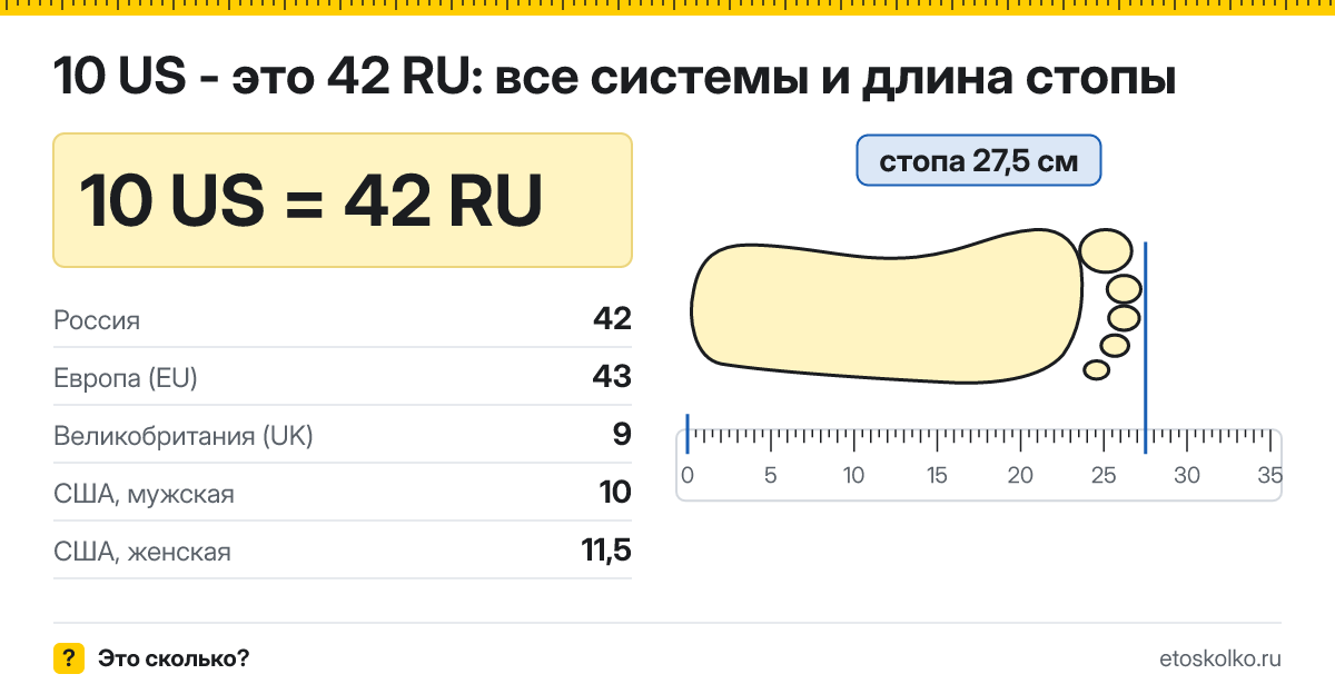 10 американский размер обуви это какой русский и сколько см