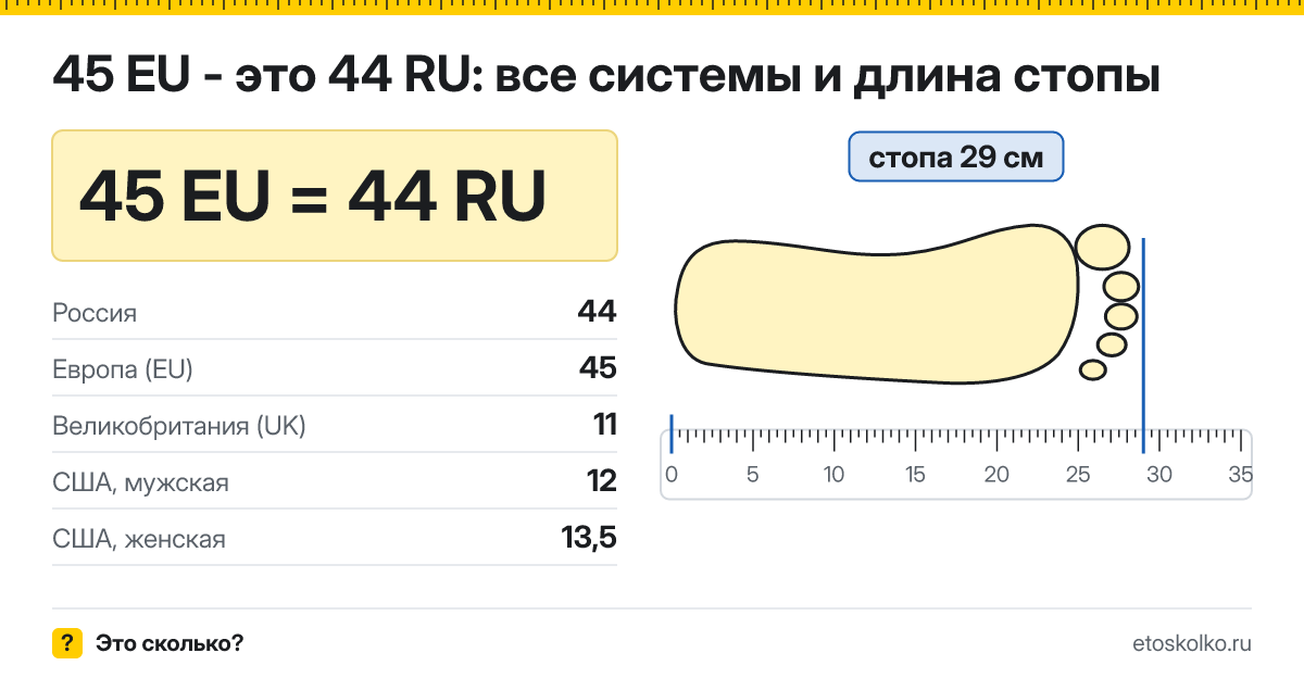 45 европейский размер обуви это какой русский и сколько см