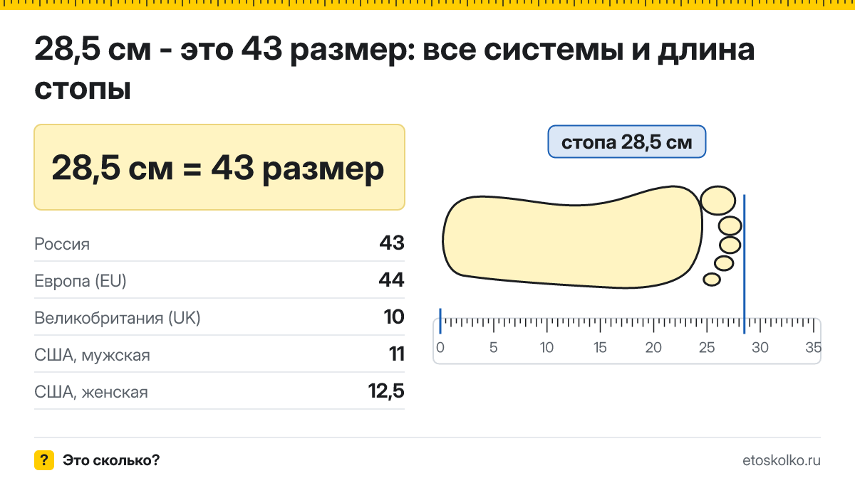 28,5 см стопа это какой размер обуви в России и Европе